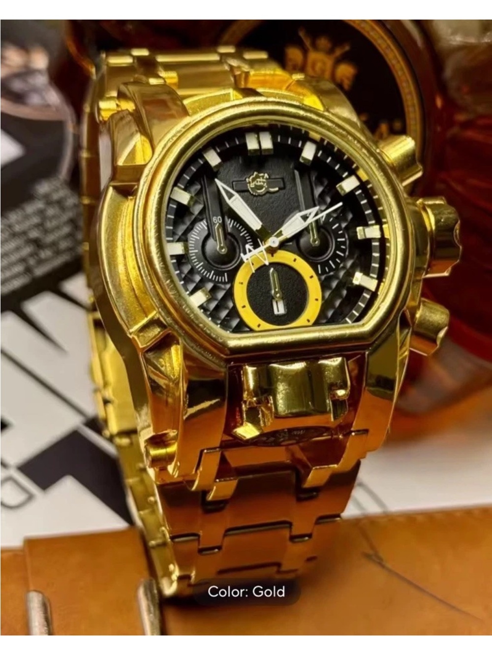 Mens Bolt style Gold toned Chronograph style Watch with Black&Yellow Dial